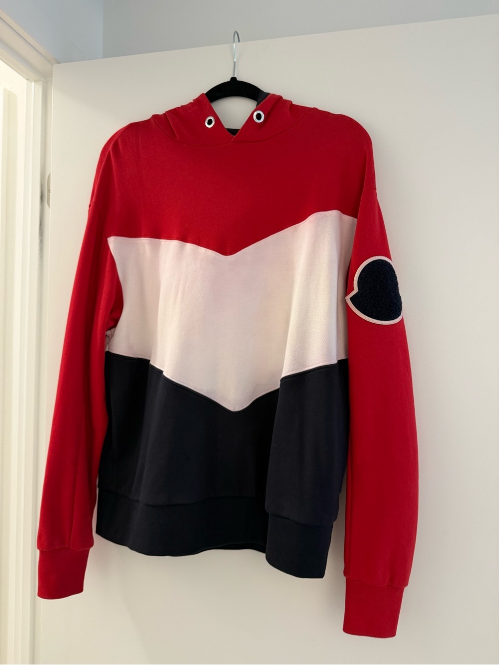 Men Moncler Red, White & Black Colorblock Crewneck Hoodie